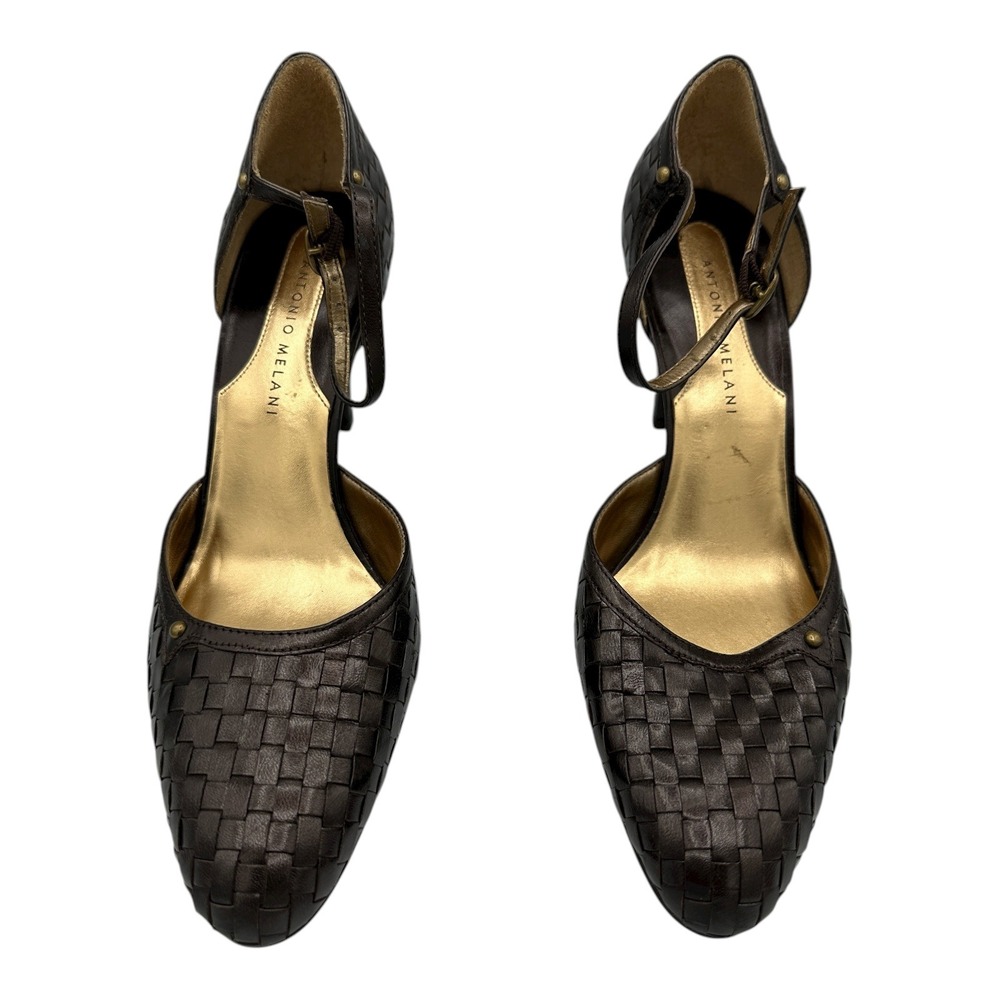 Antonio Melani Woven Leather Peep Toe Heels with Ankle Strap Size 8.5